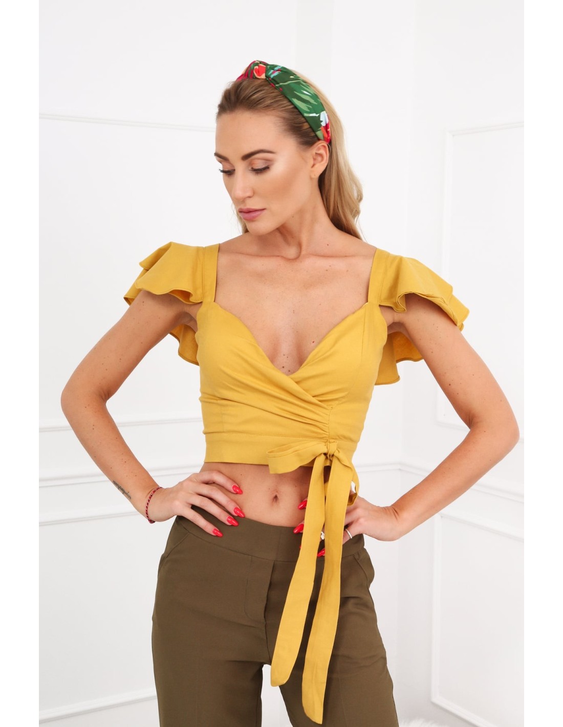 Mustard blouse with ruffles on the shoulders 97300 - Online store - Boutique